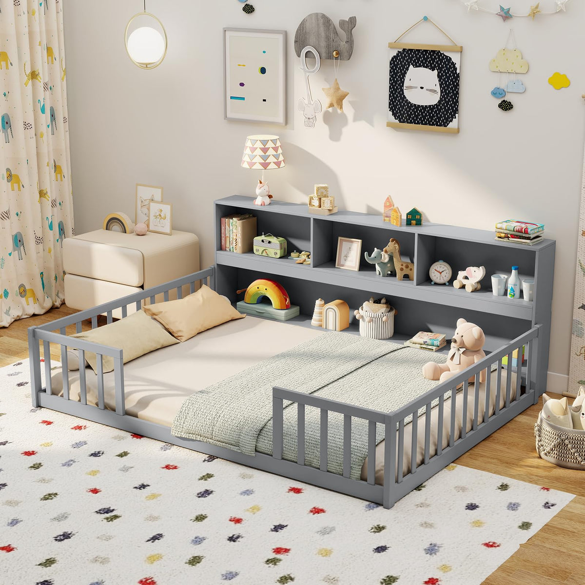 Goflame Wooden Montessori Bed Frame with Bookcase