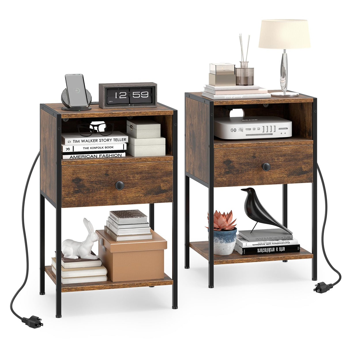 Goflame Night Stand with Charging Station for Bedroom Small Spaces