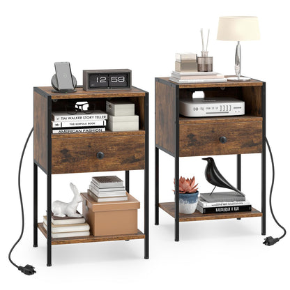 Goflame Night Stand with Charging Station for Bedroom Small Spaces