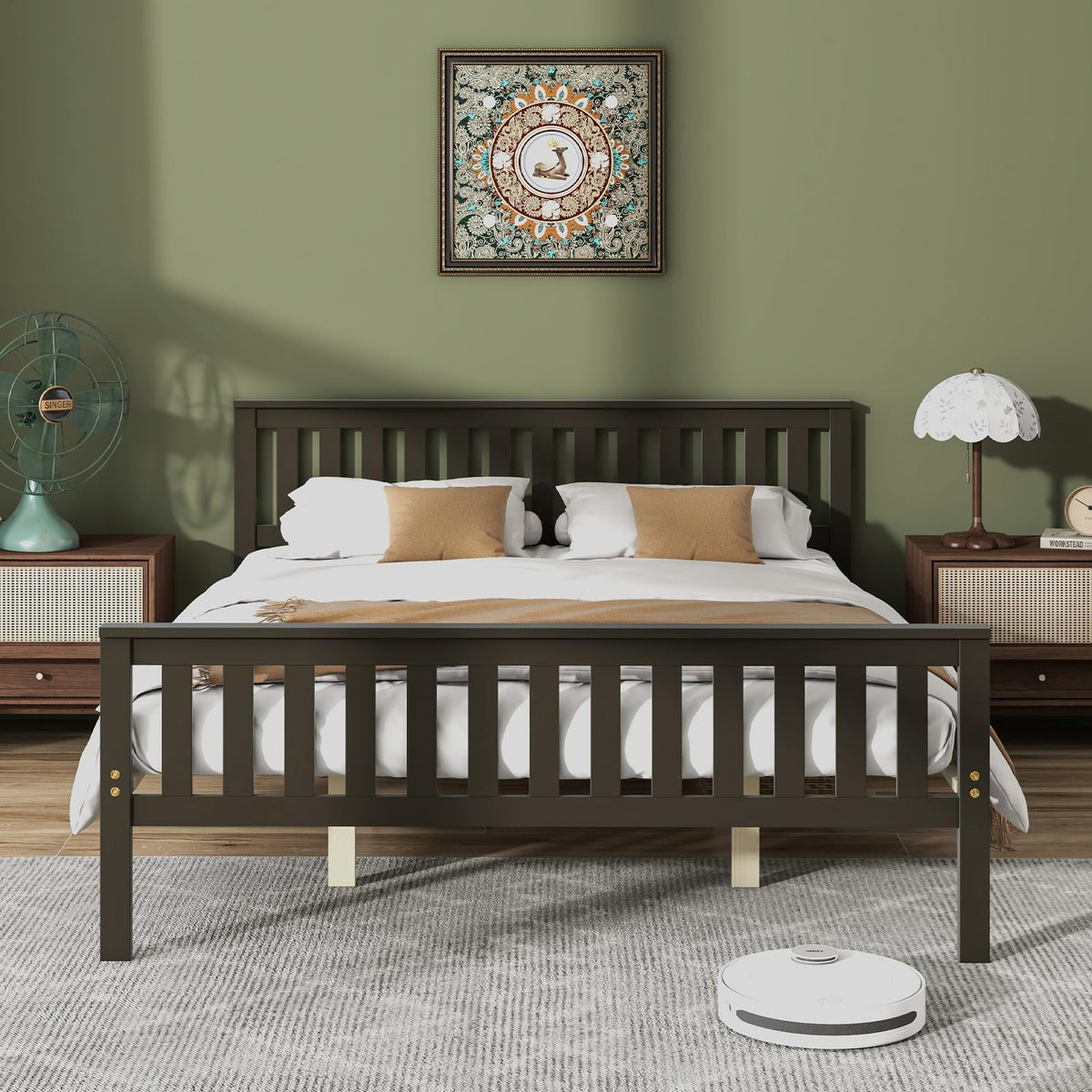 Goflame Queen/Full/Twin Size Wood Bed Frames with Headboard, Mid Century Platform Bed with Wooden Slats Support