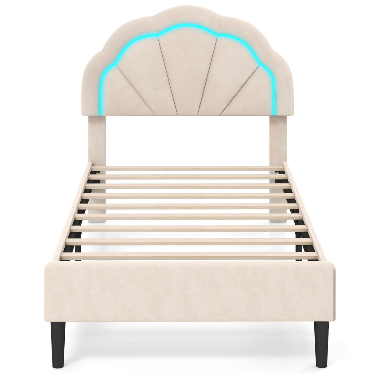 Goflame Full Size LED Bed Frame, Velvet Upholstered Full Platform Bed with Adjustable Cloud Headboard