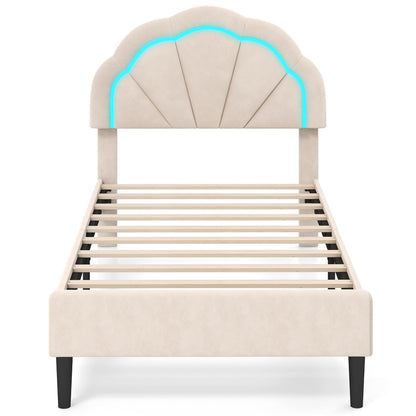 Goflame Full Size LED Bed Frame, Velvet Upholstered Full Platform Bed with Adjustable Cloud Headboard