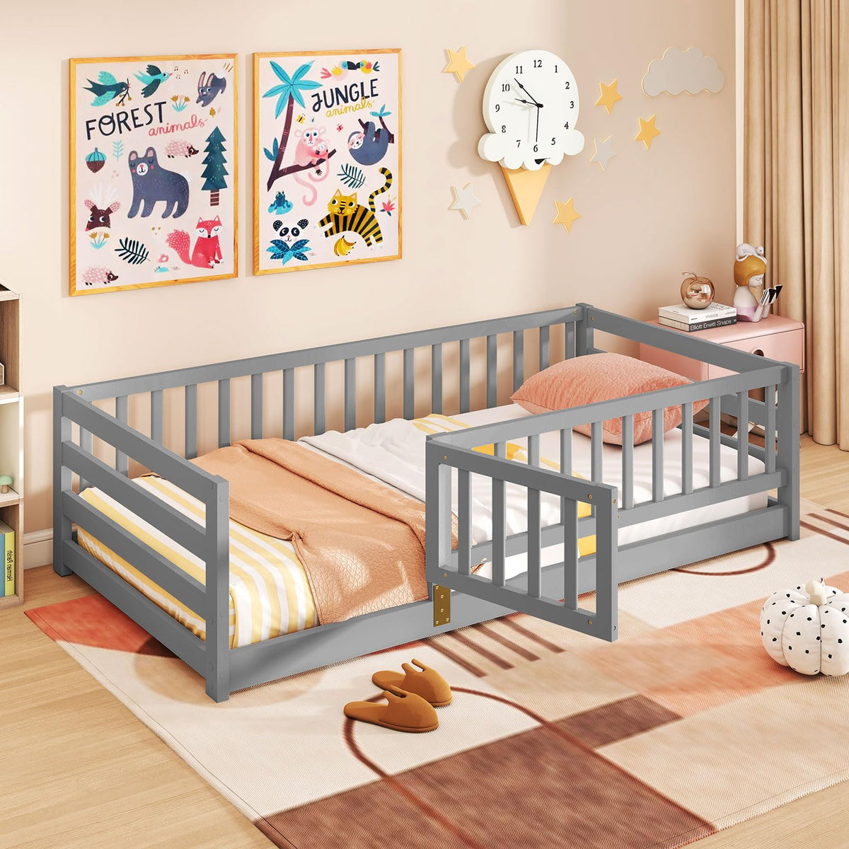 Goflame Twin Floor Bed with High Fence & Door