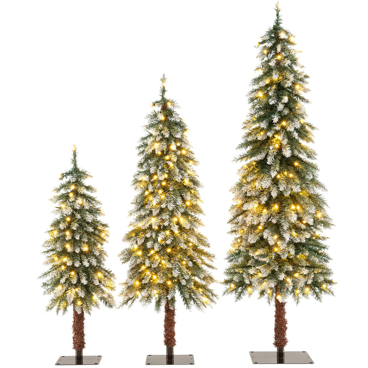 Goflame 3' 4' 5' Pre-Lit Artificial Christmas Tree Set, Slim Pencil Xmas Trees with Snowy Leaves