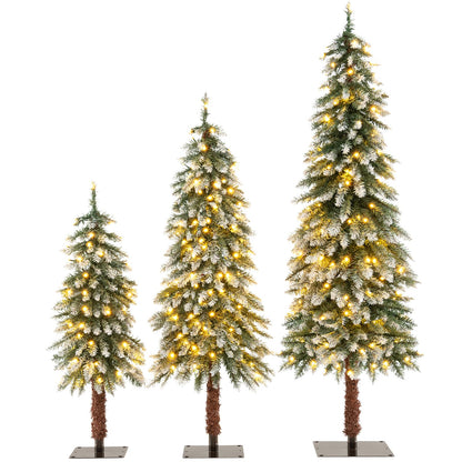 Goflame 3' 4' 5' Pre-Lit Artificial Christmas Tree Set, Slim Pencil Xmas Trees with Snowy Leaves