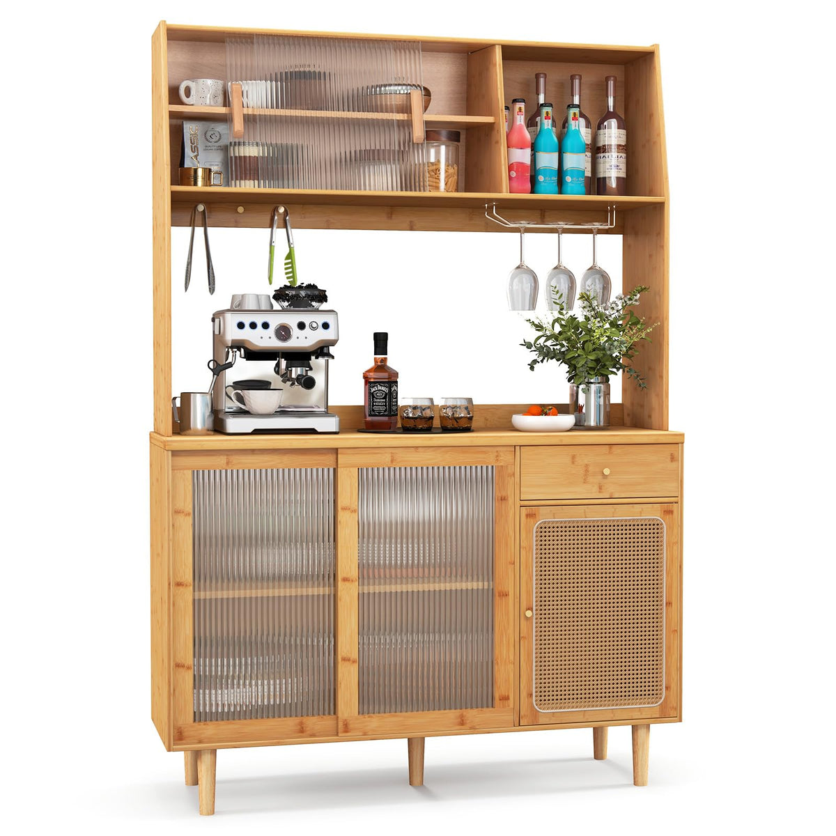 Goflame Pantry Cabinet 69" Bamboo Hutch Cabinet with Storage