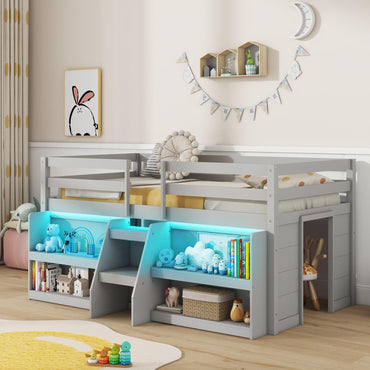 Goflame Low Loft Bed with LED Lights, Wooden Twin Loft Bed with Stairs & Safety Guardrail