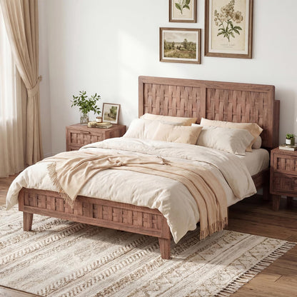 Goflame Wood Bed Frame with Woven Headboard (Full/Twin/Queen)
