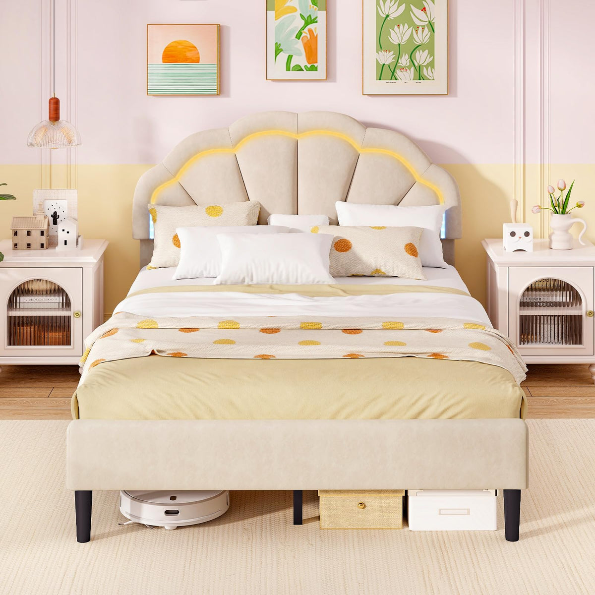 Goflame Full Size LED Bed Frame, Velvet Upholstered Full Platform Bed with Adjustable Cloud Headboard