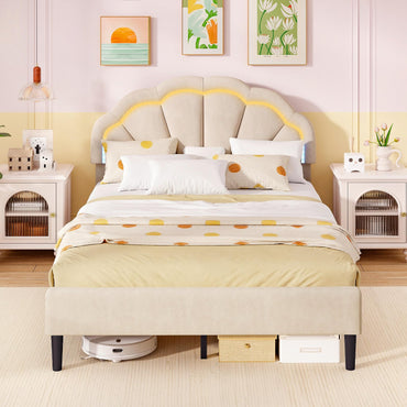 Goflame Full Size LED Bed Frame, Velvet Upholstered Full Platform Bed with Adjustable Cloud Headboard