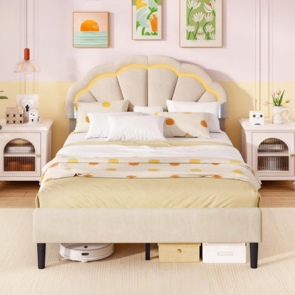 Goflame Full Size LED Bed Frame, Velvet Upholstered Full Platform Bed with Adjustable Cloud Headboard