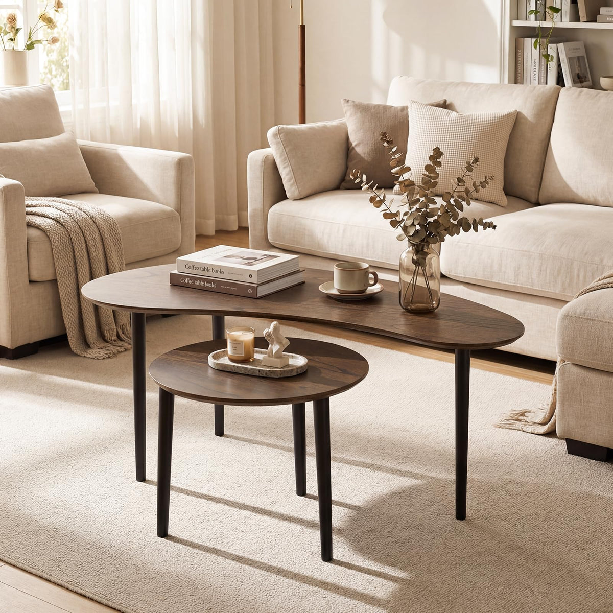 Goflame Nesting Tables Set of 2 | Mid Century Modern Coffee Tables with Solid Wood Support Legs