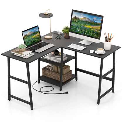 Goflame L Shaped Desk with Power Outlets & USB Ports, 48" Corner Gaming Desk with 2 Tier Storage Shelves