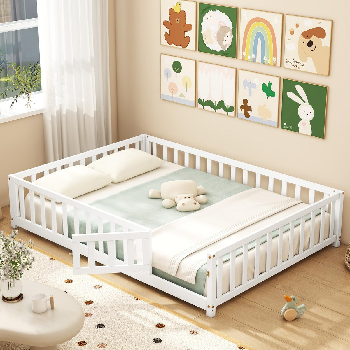 Goflame Full Size Floor Bed for Kids, Montessori Floor Bed with Wood Slats & Safety Guardrails