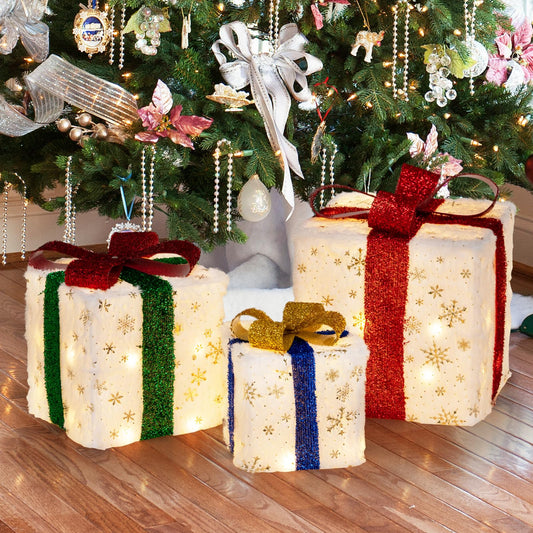 GOFLAME Set of 3 Christmas Lighted Gift Boxes with 48 Bright Warm Lights
