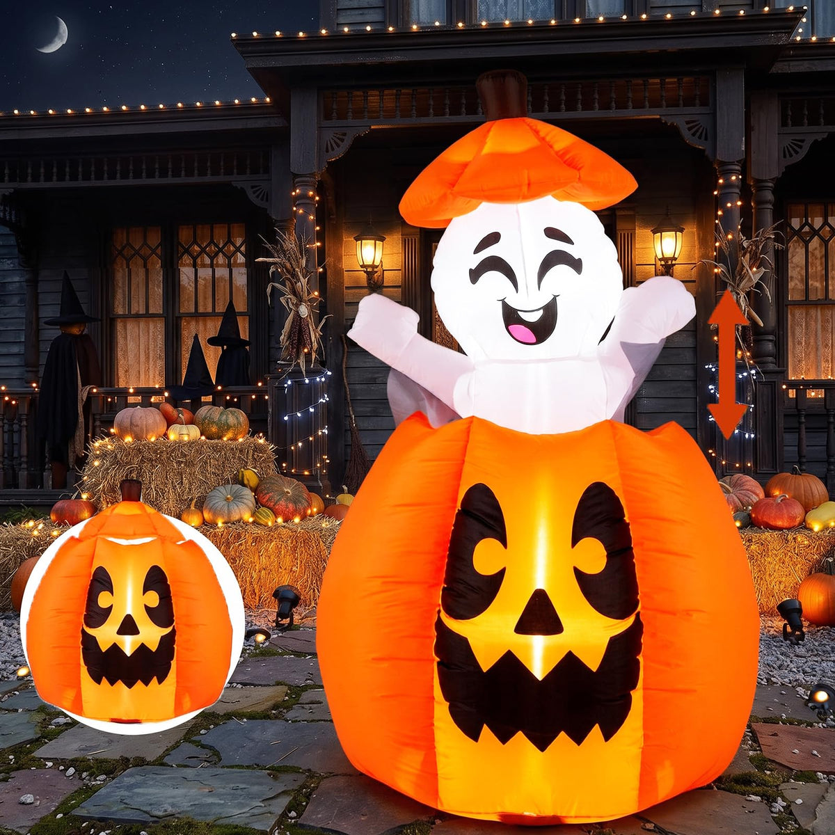 5 FT/150 CM Animated Halloween Inflatable Pumpkin and Rising Ghost