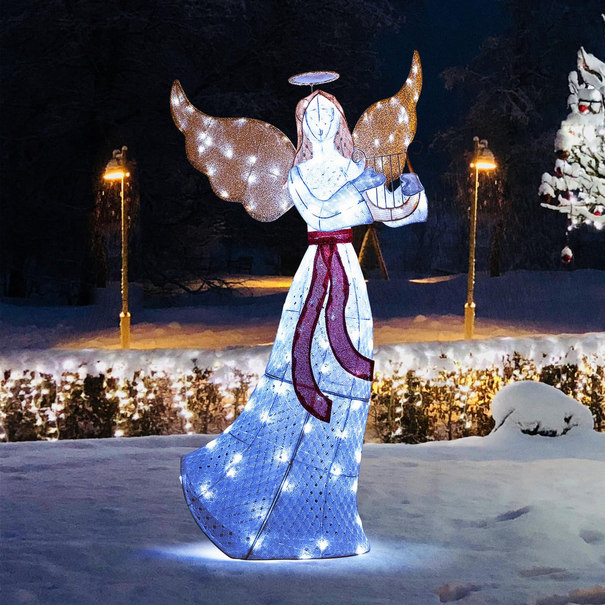 Goflame 5 FT Christmas Lighted Angel, Pre-Lit Winged Holiday Figure Angel with 120 Cold White LED Lights