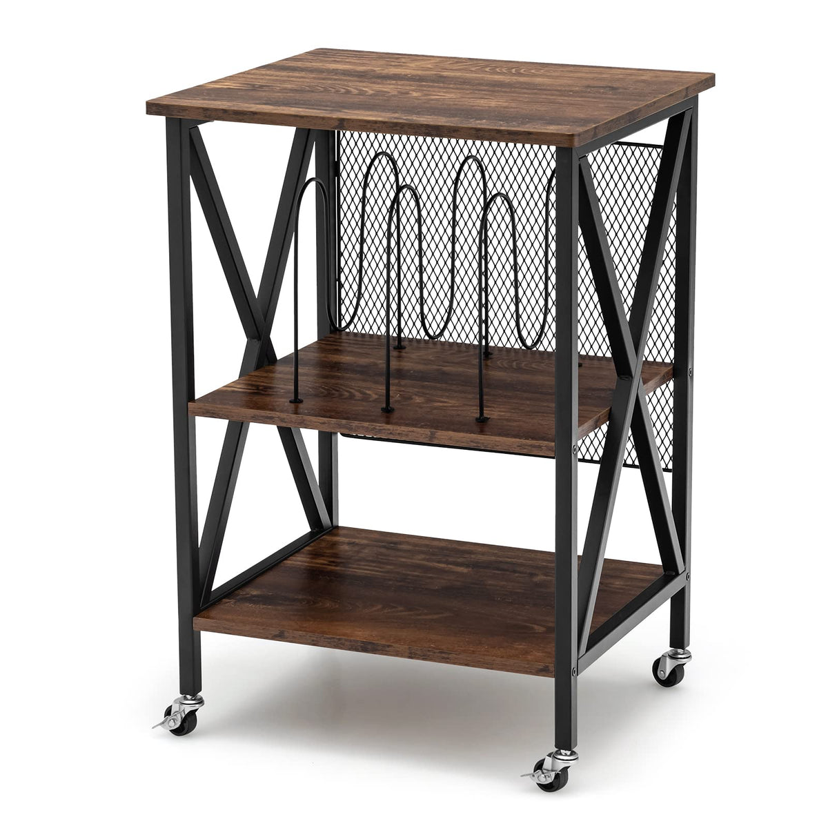 Goflame Record Player Stand, Vinyl Record Storage Table w/ 3 M-shaped Dividers & 4 Rolling Wheels, Rustic Brown