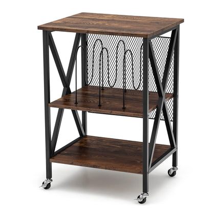 Goflame Record Player Stand, Vinyl Record Storage Table w/ 3 M-shaped Dividers & 4 Rolling Wheels, Rustic Brown