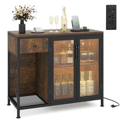 Goflame Industrial Buffet Sideboard with Power Outlets and LED Light