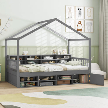 Goflame Twin Size House Bed with Storage, Wooden Montessori House Bed with 14 Storage Cubes