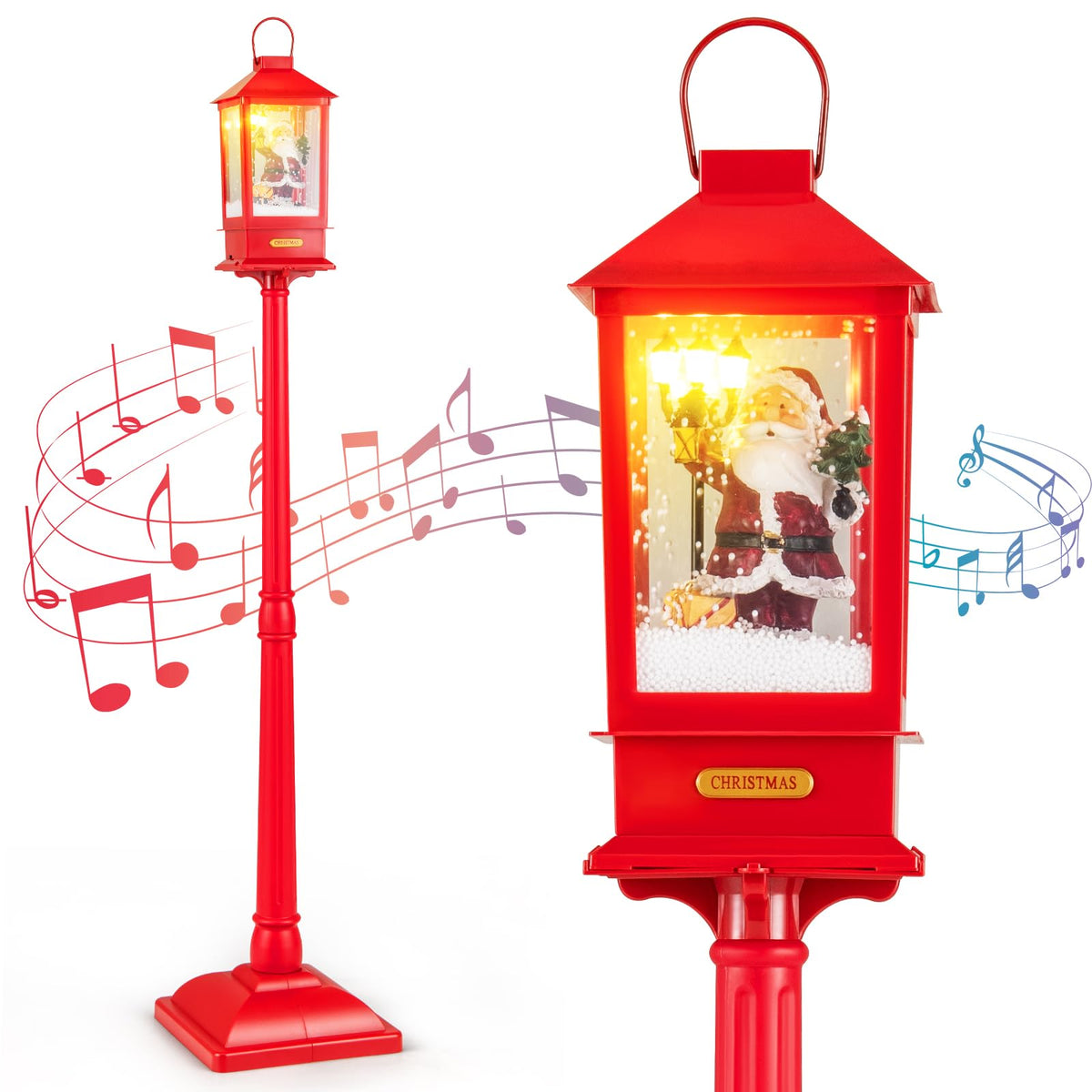 Goflame 61 Inch Christmas Street Lamp, Festive Musical Lamp Post w/Detachable Snow Globe Lantern