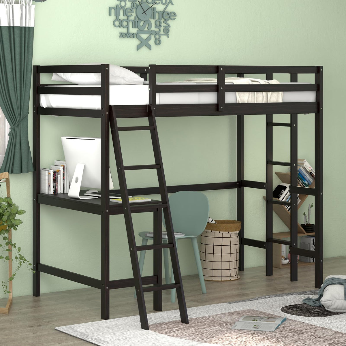 Goflame Twin Size Loft Bed with Desk, Solid Wood Loft Bed with 2 Ladders & Full Length Guardrail
