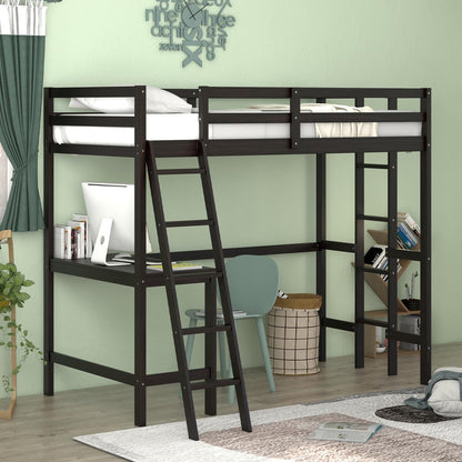 Goflame Twin Size Loft Bed with Desk, Solid Wood Loft Bed with 2 Ladders & Full Length Guardrail
