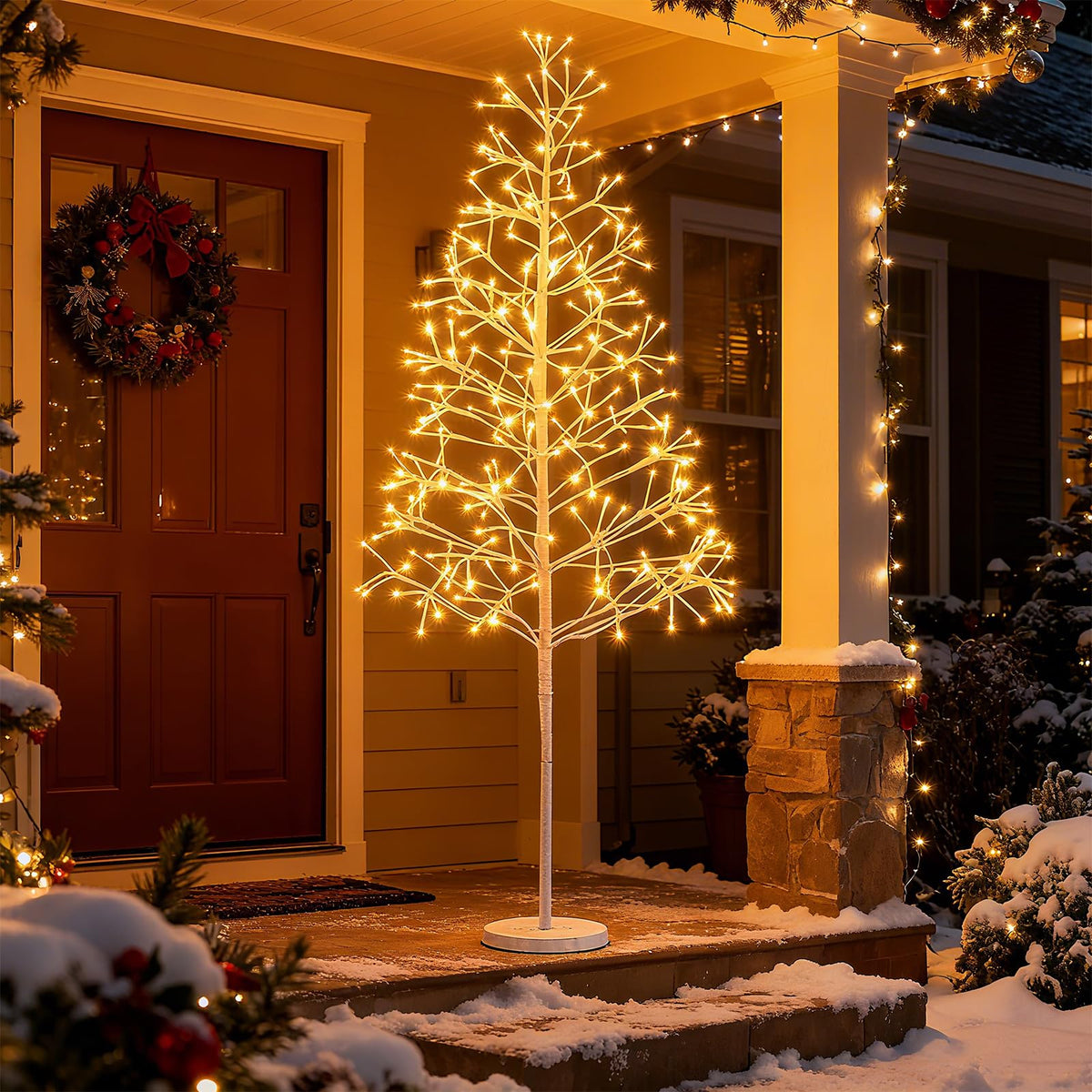 Goflame LED Birch Tree, 5/6/7 FT Pre-lit Twig Tree with Warm White Light LED Lights, Weighted Base