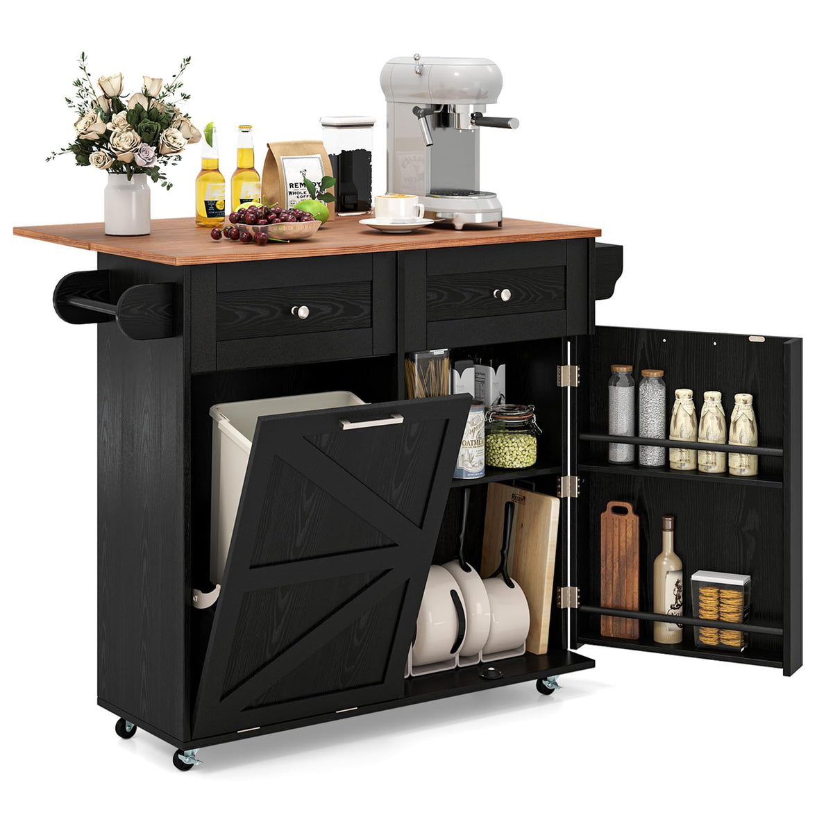Goflame Kitchen Island Cart with Hidden Tilt Out Trash Can Cabinet, Drop Leaf, 2 Drawers, Towel Rack