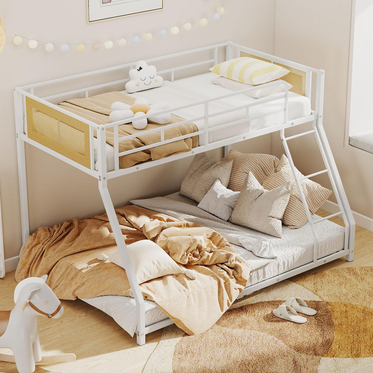 Goflame Twin Over Full Metal Bunk Bed, Boho Rattan Floor Bunkbeds