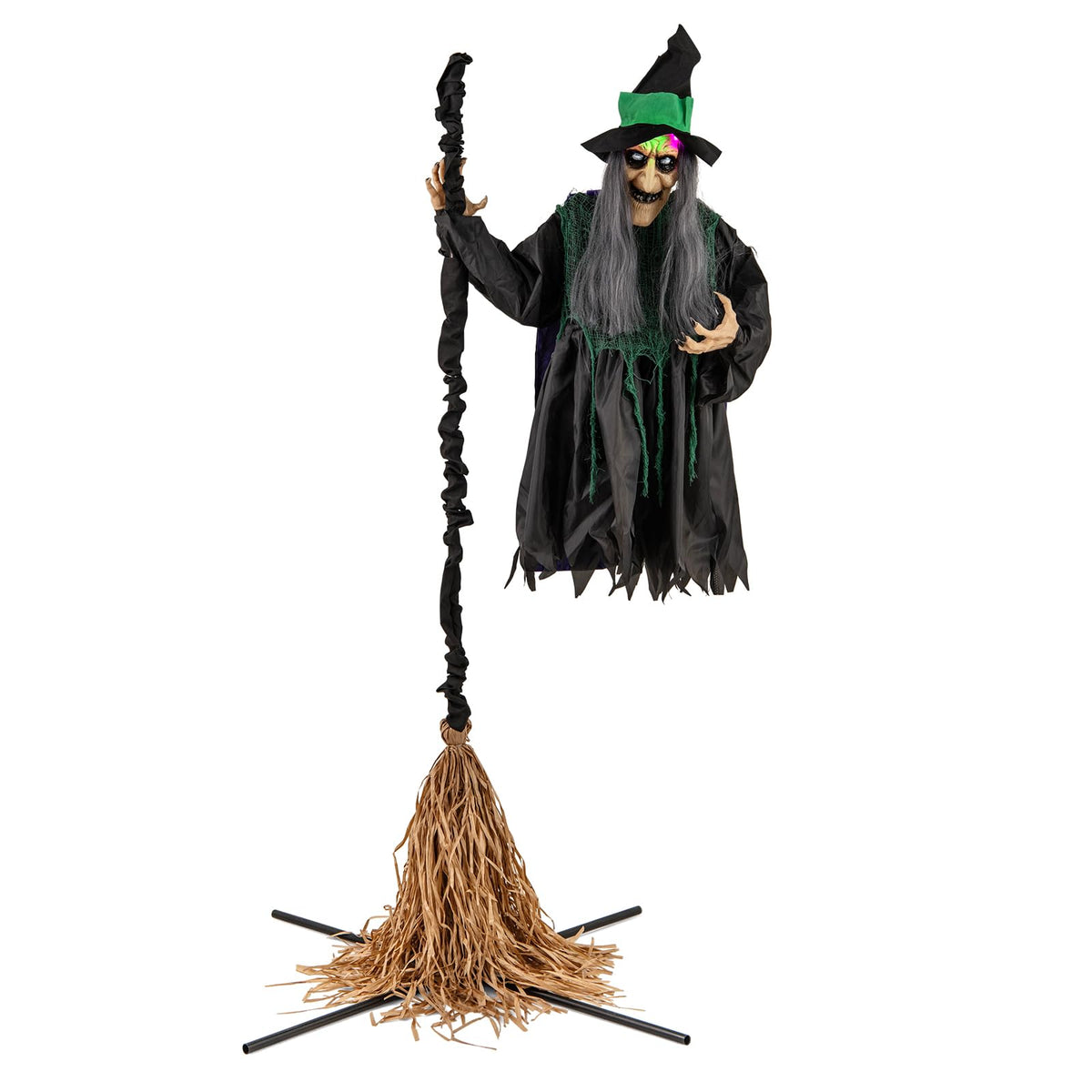 Goflame Witch with Broomstick Halloween Animatronic, Life Size Animated Halloween Prop with Laughing and Screaming Sound