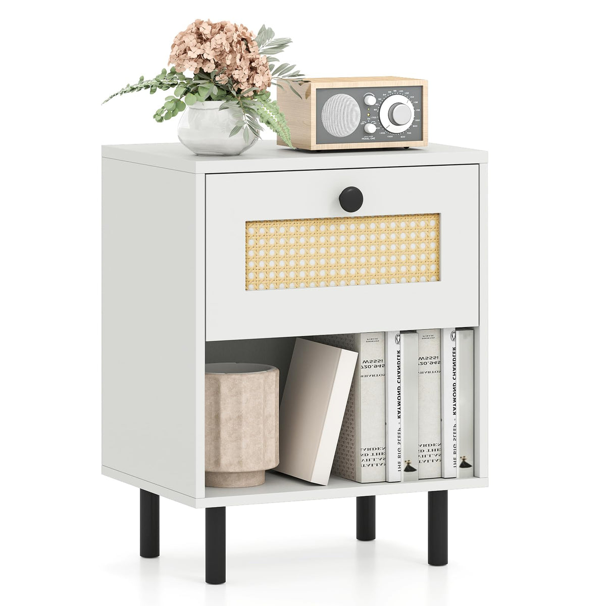 Goflame Rattan Nightstand Boho End Table with Rattan Drawer and Open Shelf