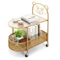 Goflame Mobile Glass Coffee Table, 2-Tier Modern Cocktail Table with Bear Pattern, Storage Basket & Metal Frame