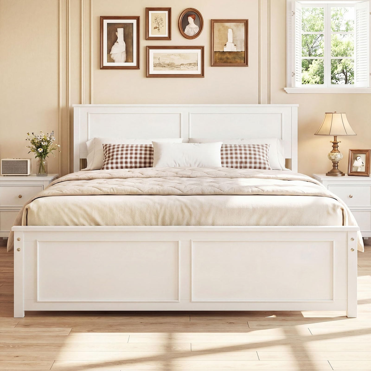 Goflame Wood Queen/Full/Twin Size Farmhouse Solid Platform Bed