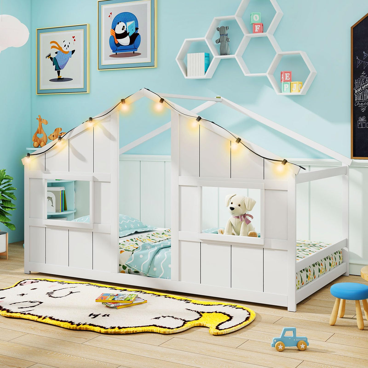 Goflame Twin Kids House Bed with Light Bulbs Wooden Montessori Floor Bed Frame with Roof & Windows