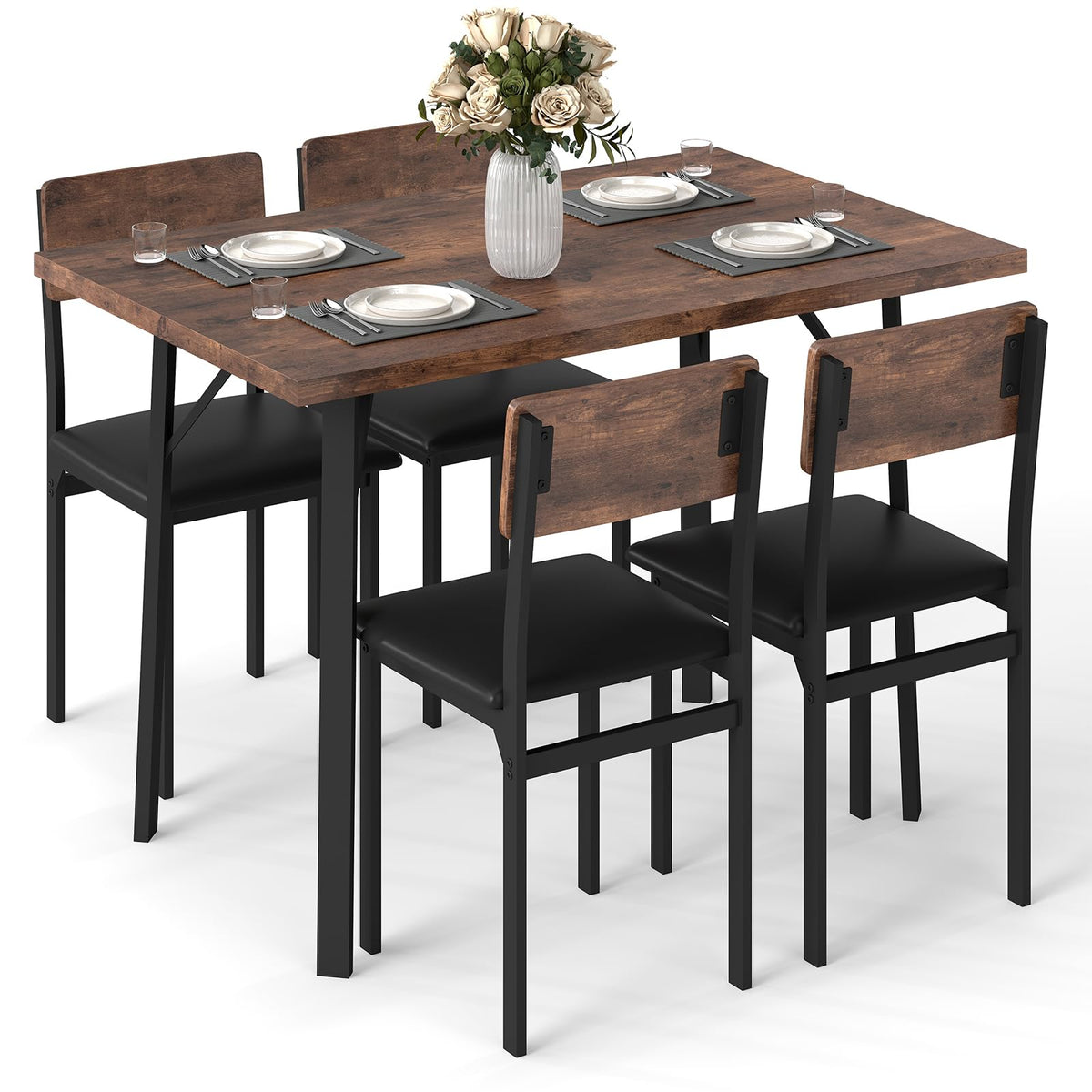 Goflame 5-Piece Dining Table Set for 4 People Industrial Kitchen Table and 4 PU Leather Chairs