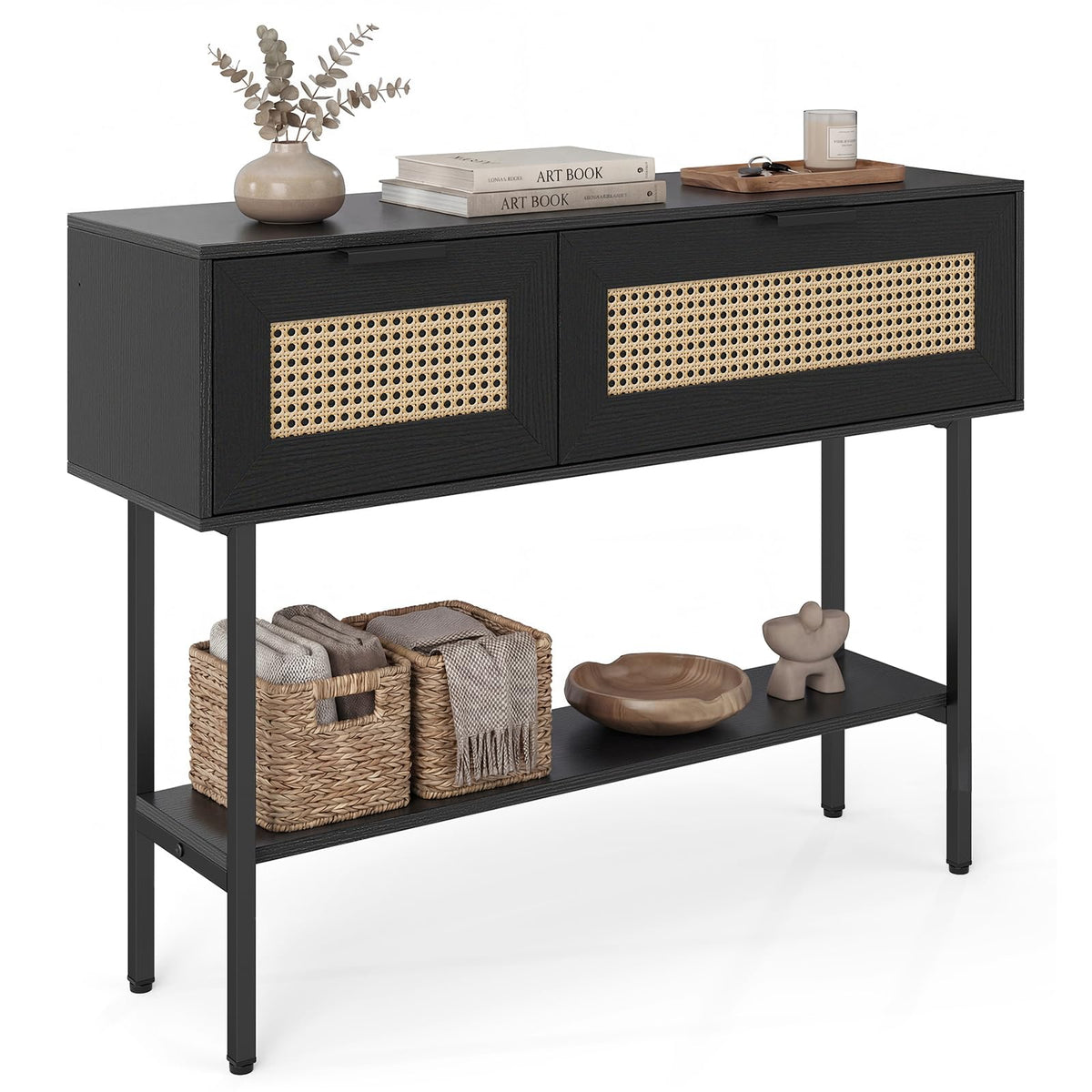 Goflame Rattan Console Table Boho Entryway Table with 2 Storage Cabinets