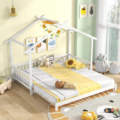 Goflame Extendable House Bed for Kids, Twin to King Daybed with Roof & Fence Rails, Wood Kids Bed Frame for Teens