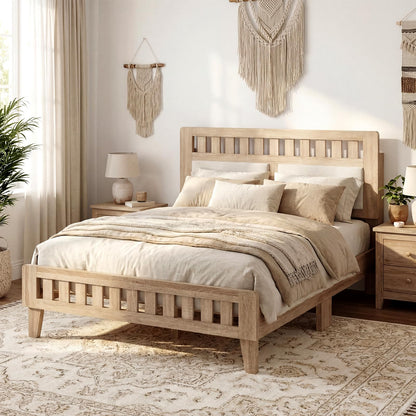 Goflame Mid-Century Wood Bed Frame with Upholstered Headboard (Full/Twin/Queen)