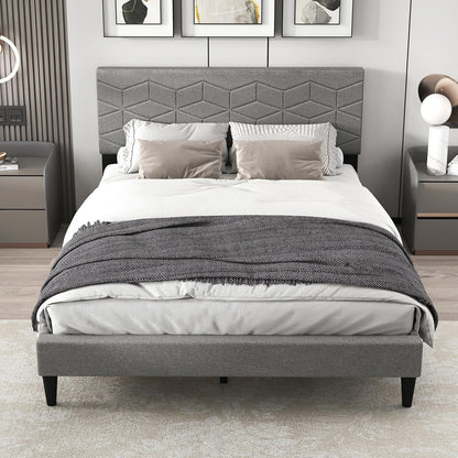 Goflame Queen/Full/Twin Size Upholstered Bed Frame Modern Platform Bed with Linen Fabric Geometric Headboard