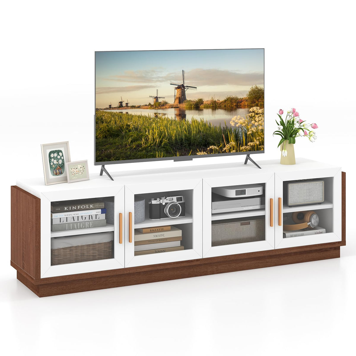 Goflame Large TV Stand for TVs up to 75”, Entertainment Center with 4 Tempered Glass Doors