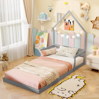 Goflame Twin Floor Bed for Kids, Wood Montessori Floor Bed with Chimney Headboard & Handrail