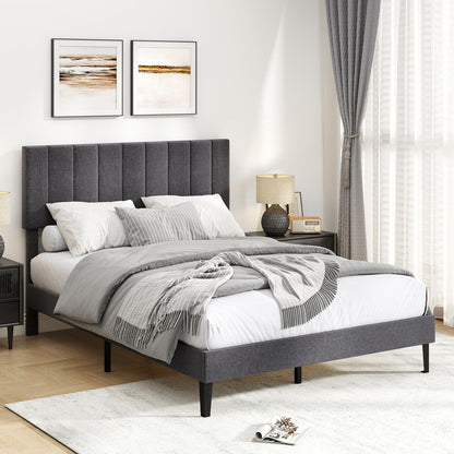 Goflame Queen/Full/Twin Size Upholstered Bed Frame Platform Bed with Height Adjustable Vertical Channel Headboard