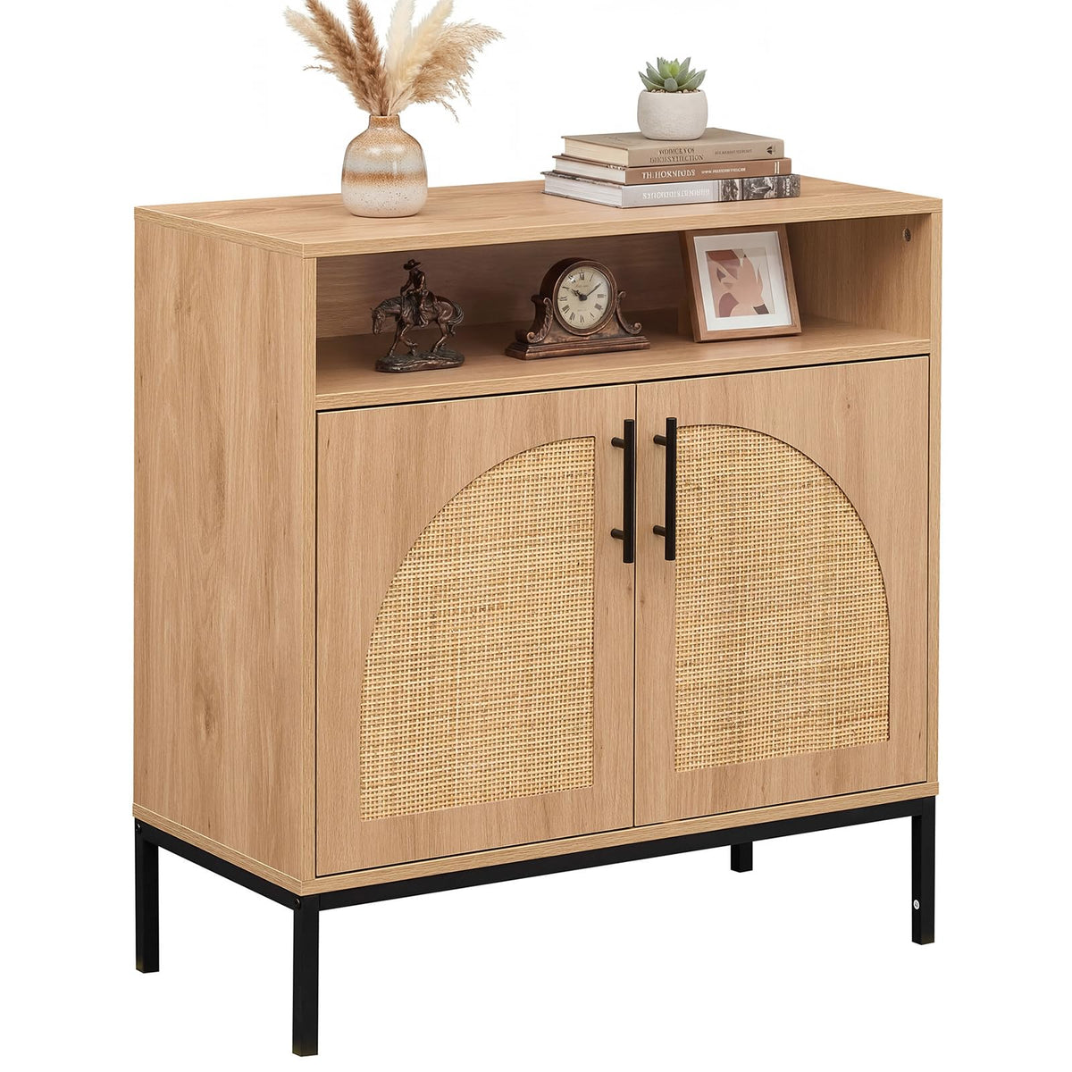 Goflame 32" Sideboard Buffet Cabinet with 2 Natural Rattan Decorated Doors (1/2)