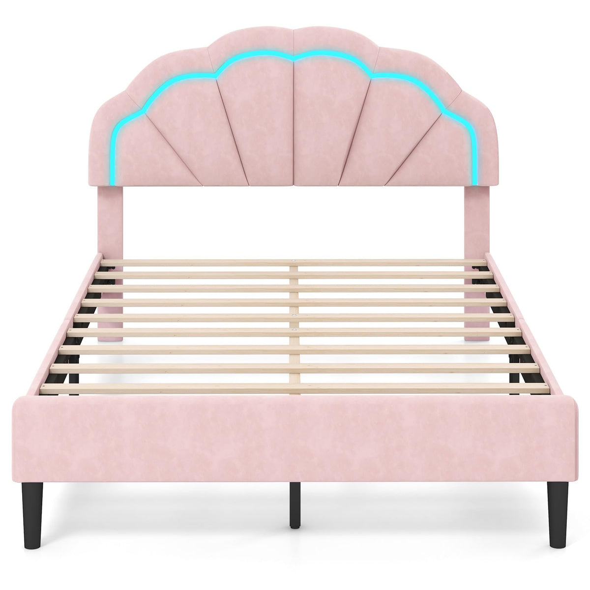 Goflame Full Size LED Bed Frame, Velvet Upholstered Full Platform Bed with Adjustable Cloud Headboard