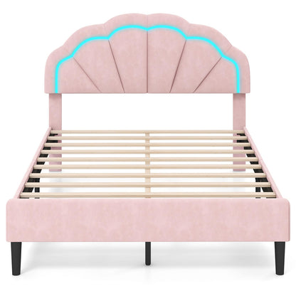 Goflame Full Size LED Bed Frame, Velvet Upholstered Full Platform Bed with Adjustable Cloud Headboard