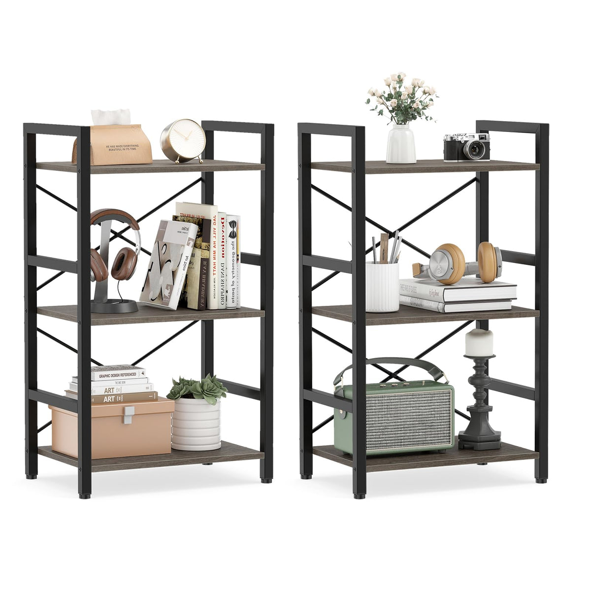 Goflame 3-Tier Bookshelf Narrow Freestanding Display Shelf with Metal Frame & Wooden Storage Racks