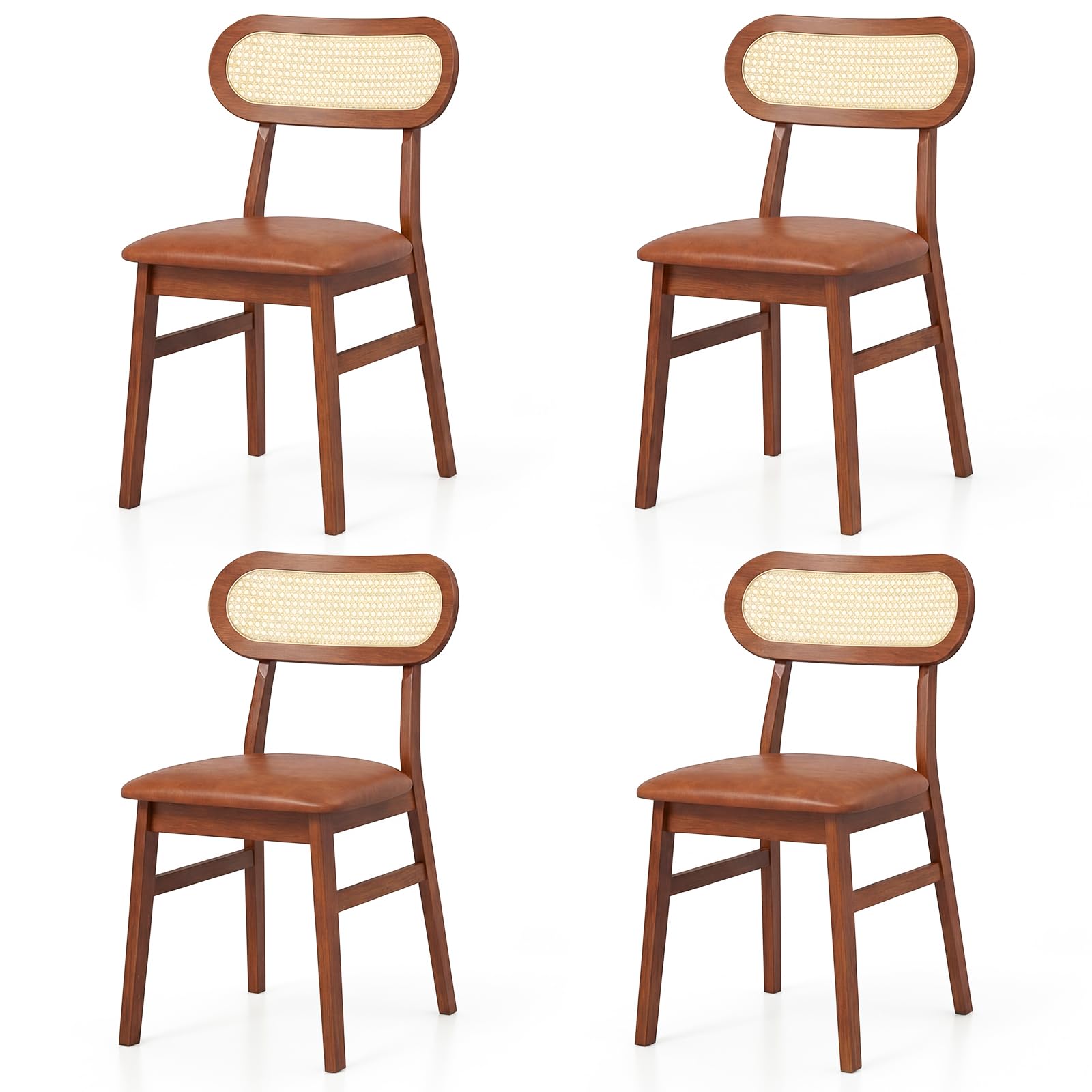 Goflame Four matching wooden dining chairs with brown upholstered seats and woven cane backrests, arranged in a 2x2 grid on a white background.
