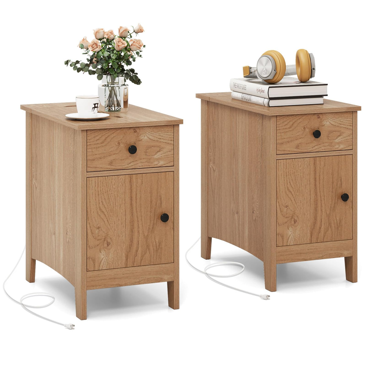 Goflame Nightstand with Charging Station, Flip Top End Table w/USB Ports & Outlets, Modern Side Table w/Storage Drawer